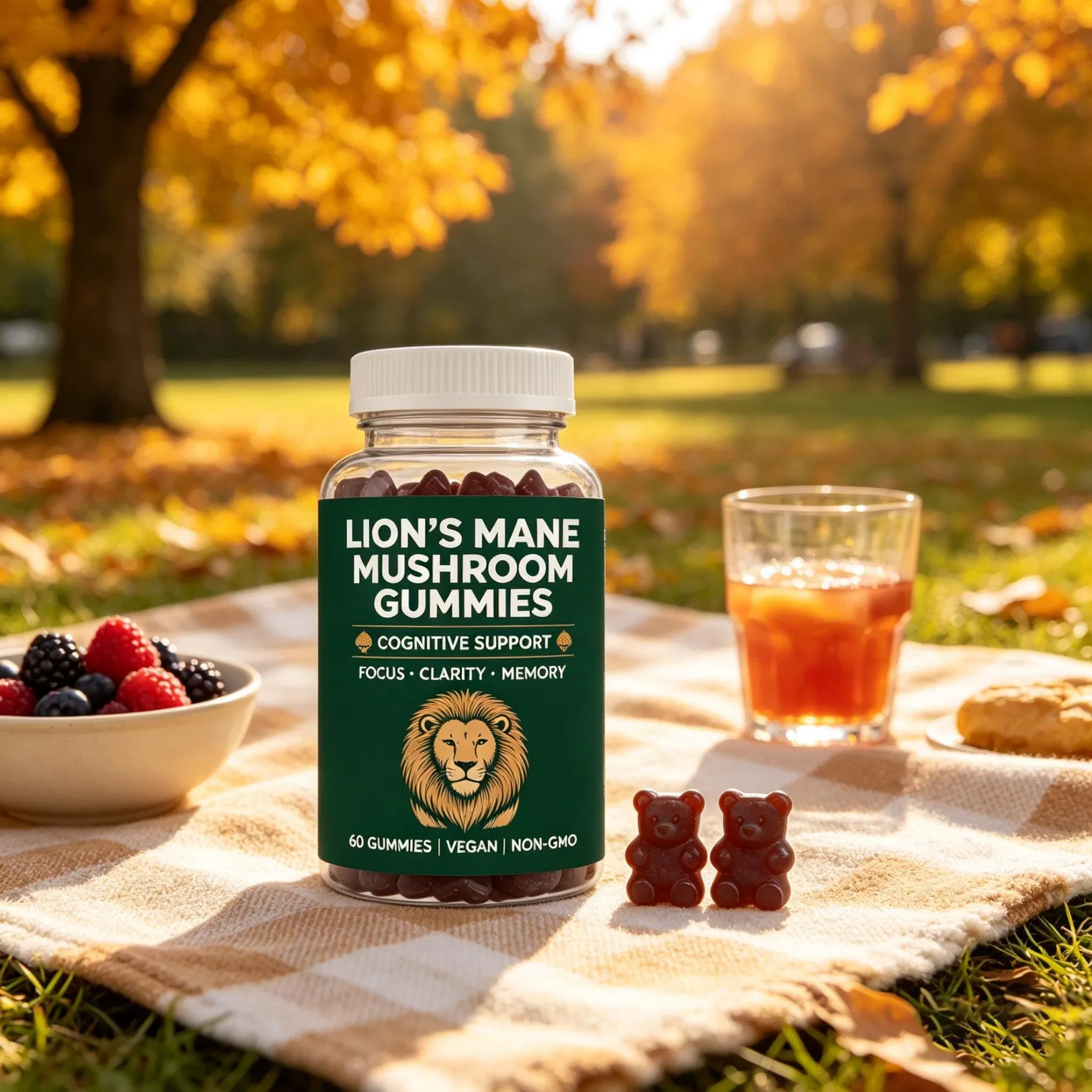 Lion's Mane Mushroom Vegan Gummies 60 Count Non-GMO Cognitive Support Focus Clarity Memory Daily Dietary Supplement