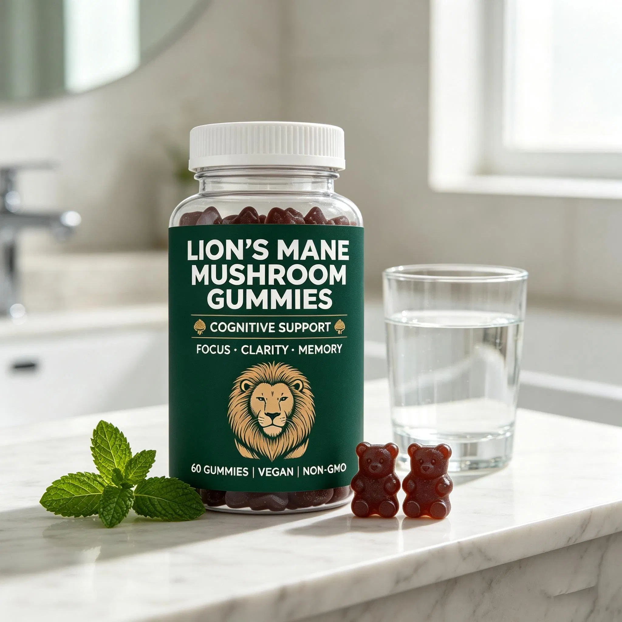 Lion's Mane Mushroom Vegan Gummies 60 Count Non-GMO Cognitive Support Focus Clarity Memory Daily Dietary Supplement