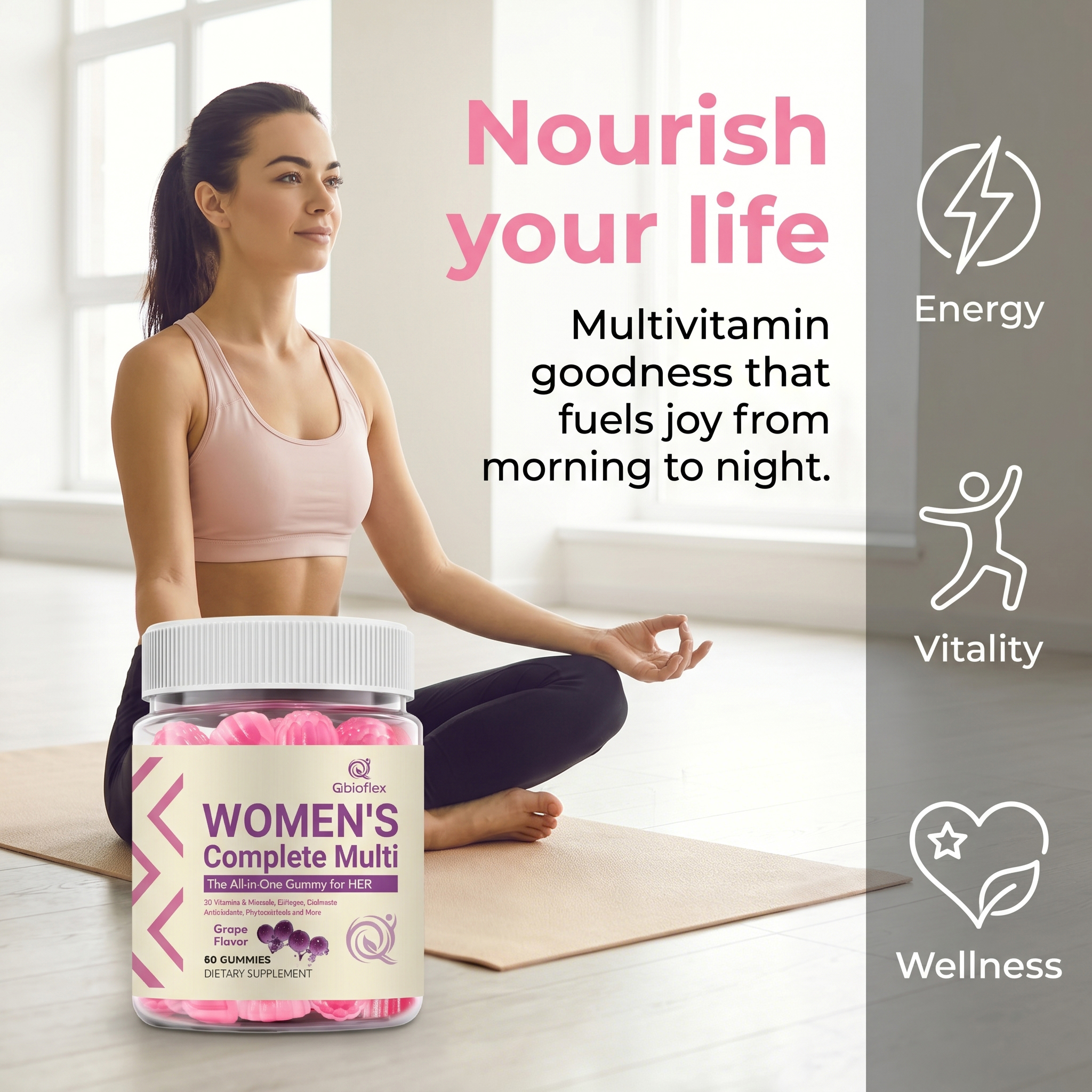 Qbioflex Private Label Natural Multivitamin Gummies Supplement Grape Flavor Support Healthy Hair and Nails for Women