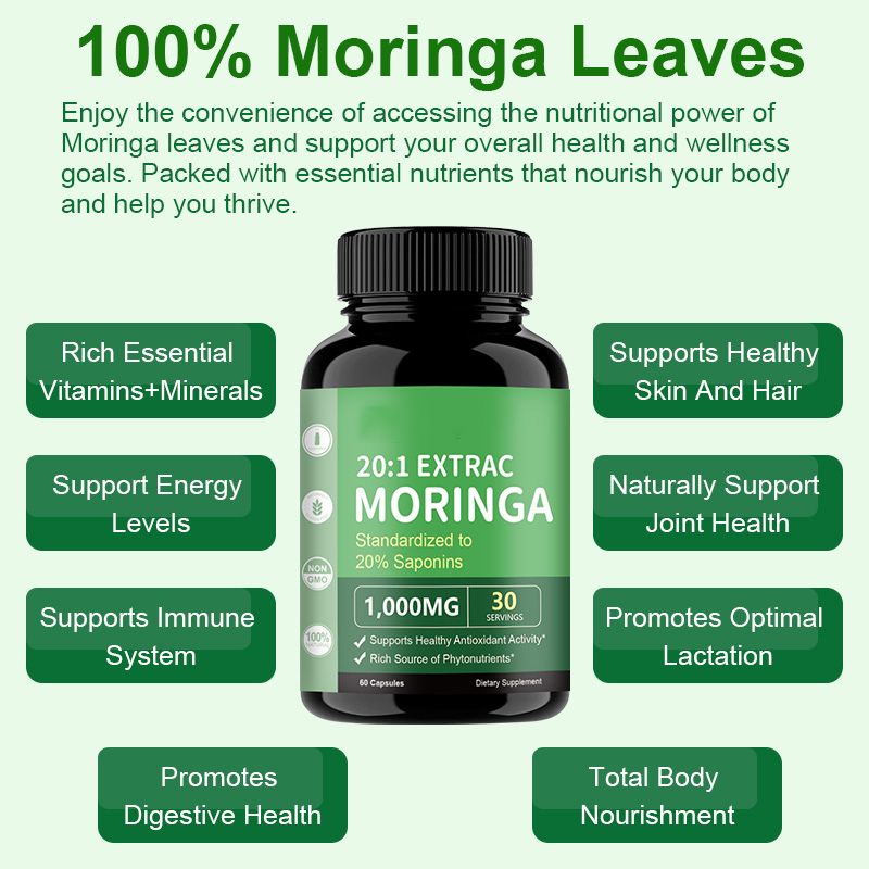 Private Label Pure Moringa Leaf Extract Organic Capsules Digestive Health Energy Management Antioxidant Adult Herbal Supplement