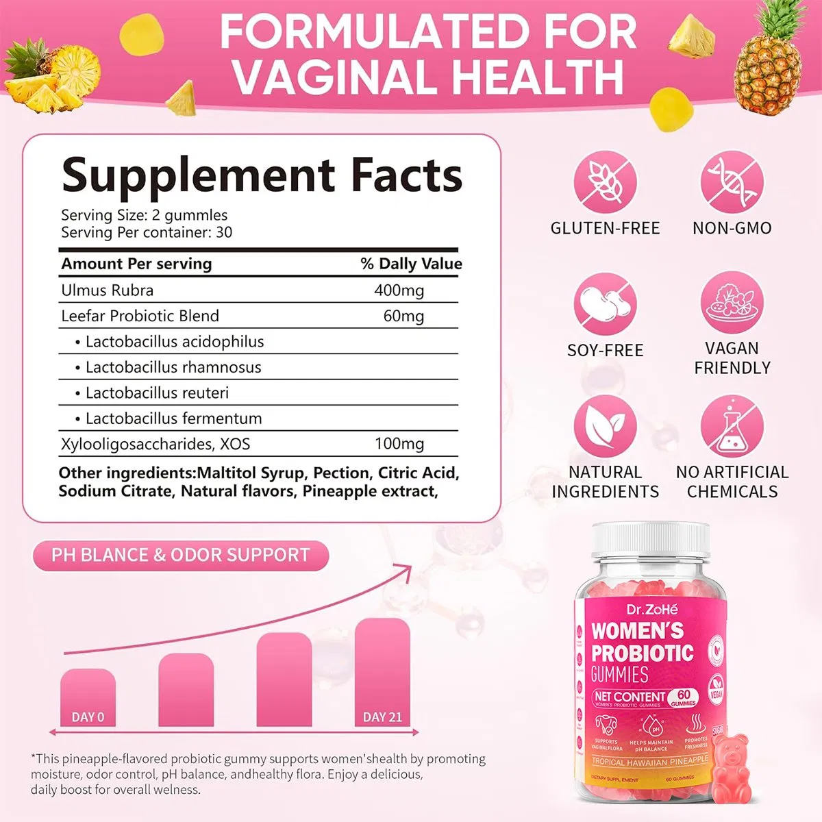 OEM/ODM Feminine Care Hawaiian Pineapple Vegan Gluten-Free Supports Vaginal Flora Maintains pH Balance Women's Probiotic Gummies