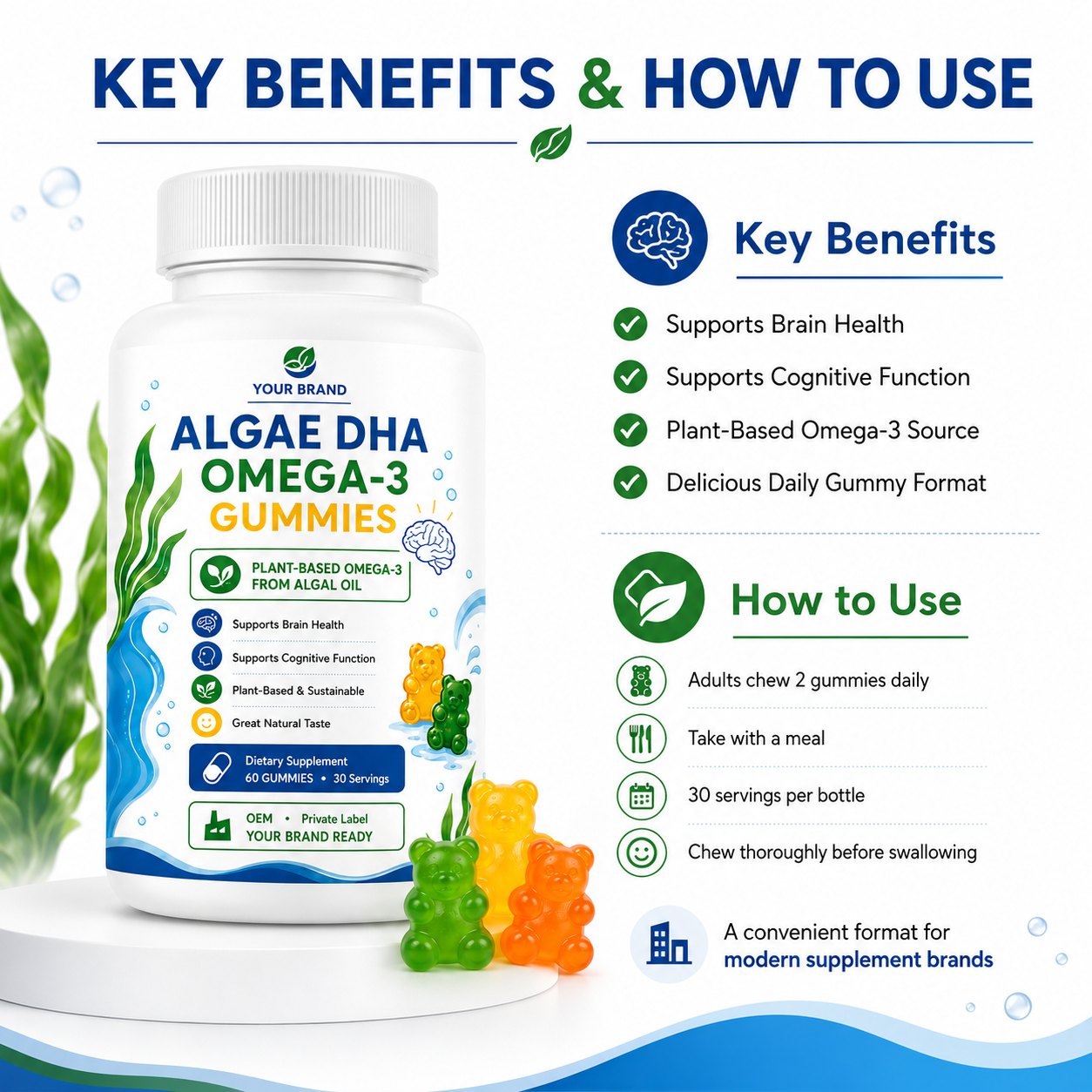 OEM Omega-3 Algae Oil Gummies Heart Brain & Eye Health Non GMO Vegan Omega-3 Algae Oil Algae DHA Omega-3 Gummies