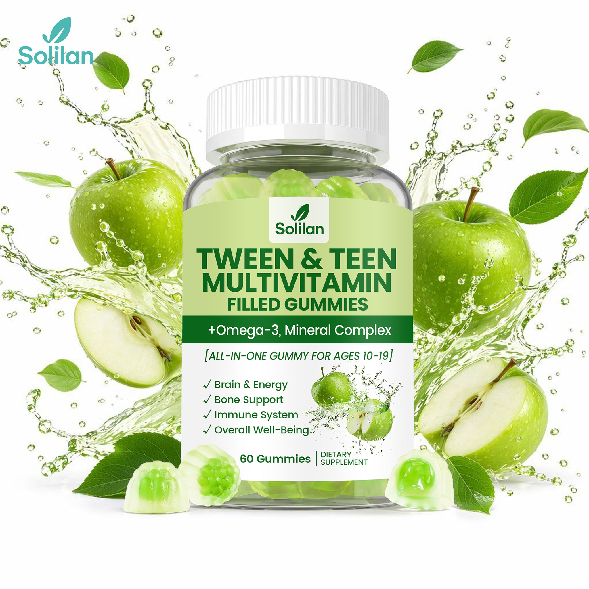 Solilan OEM Private Label Vegan Tween &amp; Teen Multivitamin Gummies Supplement with Omega 3 Mineral Complex Liquid-Filled Gummies