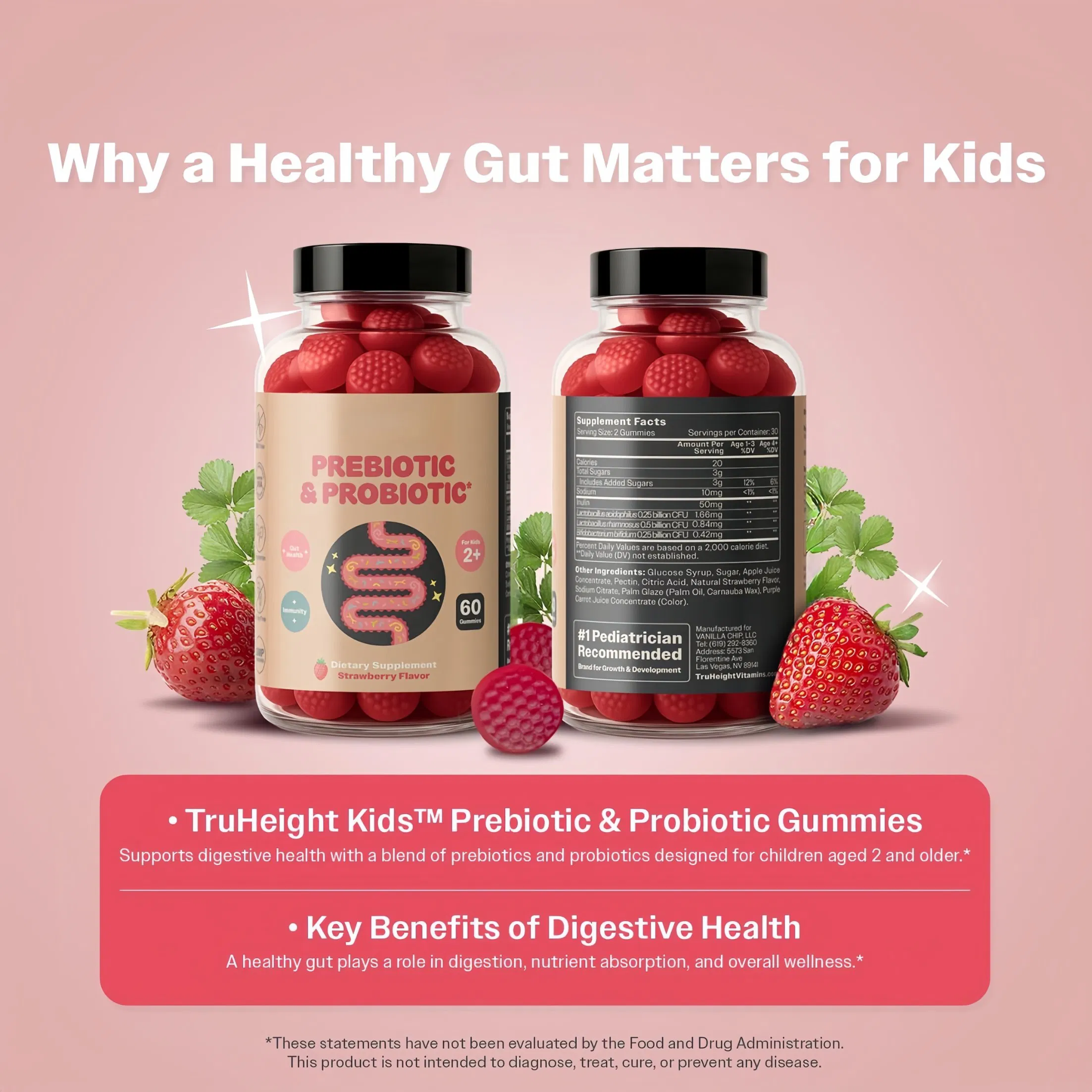 Kids Prebiotic &amp; Probiotic Gummies Ages 2+ (Strawberry Flavor) Toddlers &amp; Kids All Natural Gut Health Digestive Enzymes