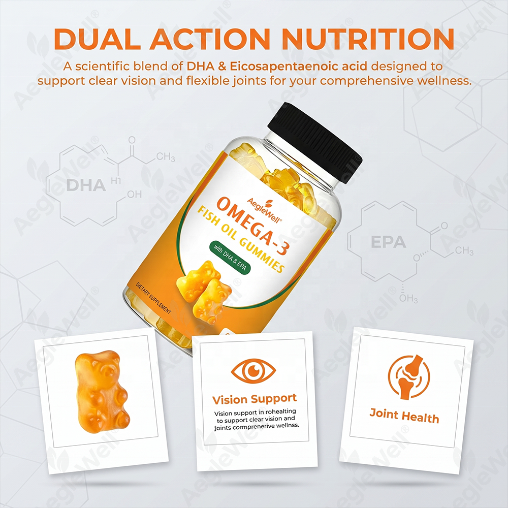 AegleWell Omega-3 Fish Oil Gummies 60 Count DHA EPA Brain Heart &amp; Eye Health Support Adult Supplement OEM/ODM Customizable