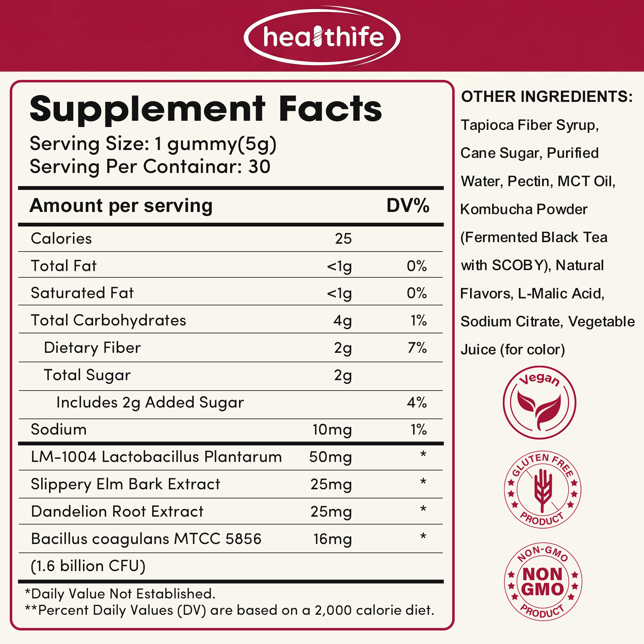 Healthife OEM Label Gut Health Fiber Supplement Raspberry Flavor Prebiotics Dandelion Root Probiotic Kombucha Gummy