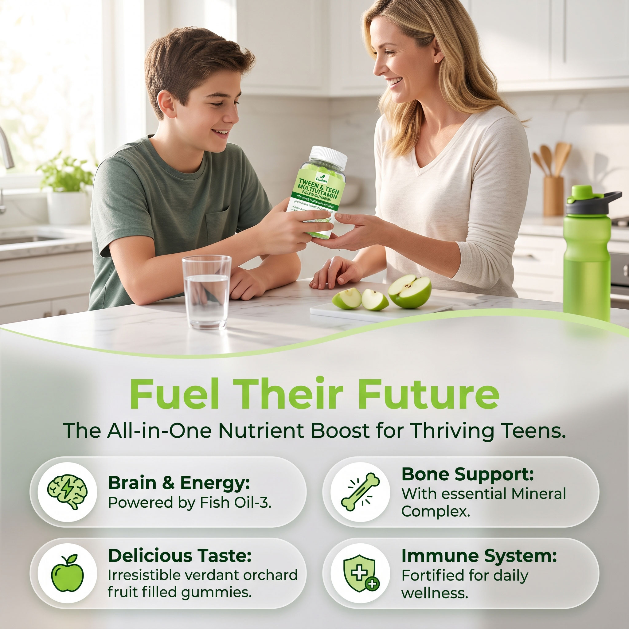 Solilan OEM Private Label Vegan Tween &amp; Teen Multivitamin Gummies Supplement with Omega 3 Mineral Complex Liquid-Filled Gummies