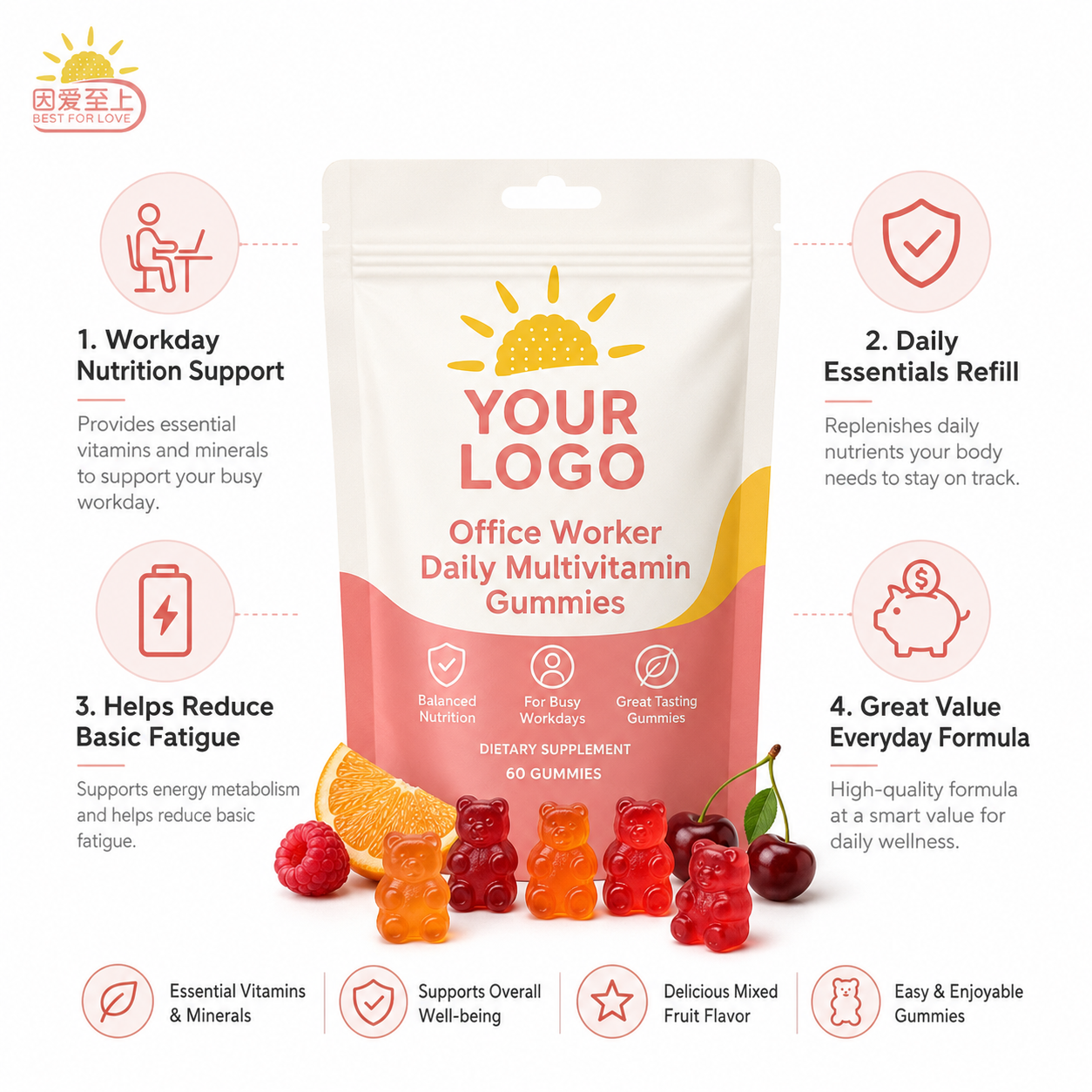Customized logo Multivitamin Gummies for Office Worker Daily with Vitamin C Zinc Weliness Support Functional Gummies