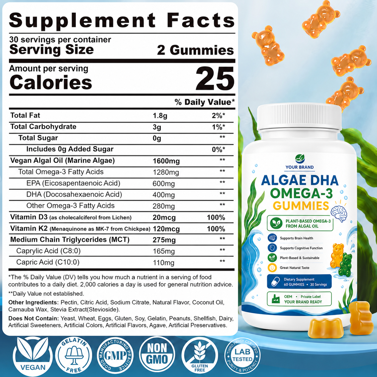 OEM Omega-3 Algae Oil Gummies Heart Brain & Eye Health Non GMO Vegan Omega-3 Algae Oil Algae DHA Omega-3 Gummies