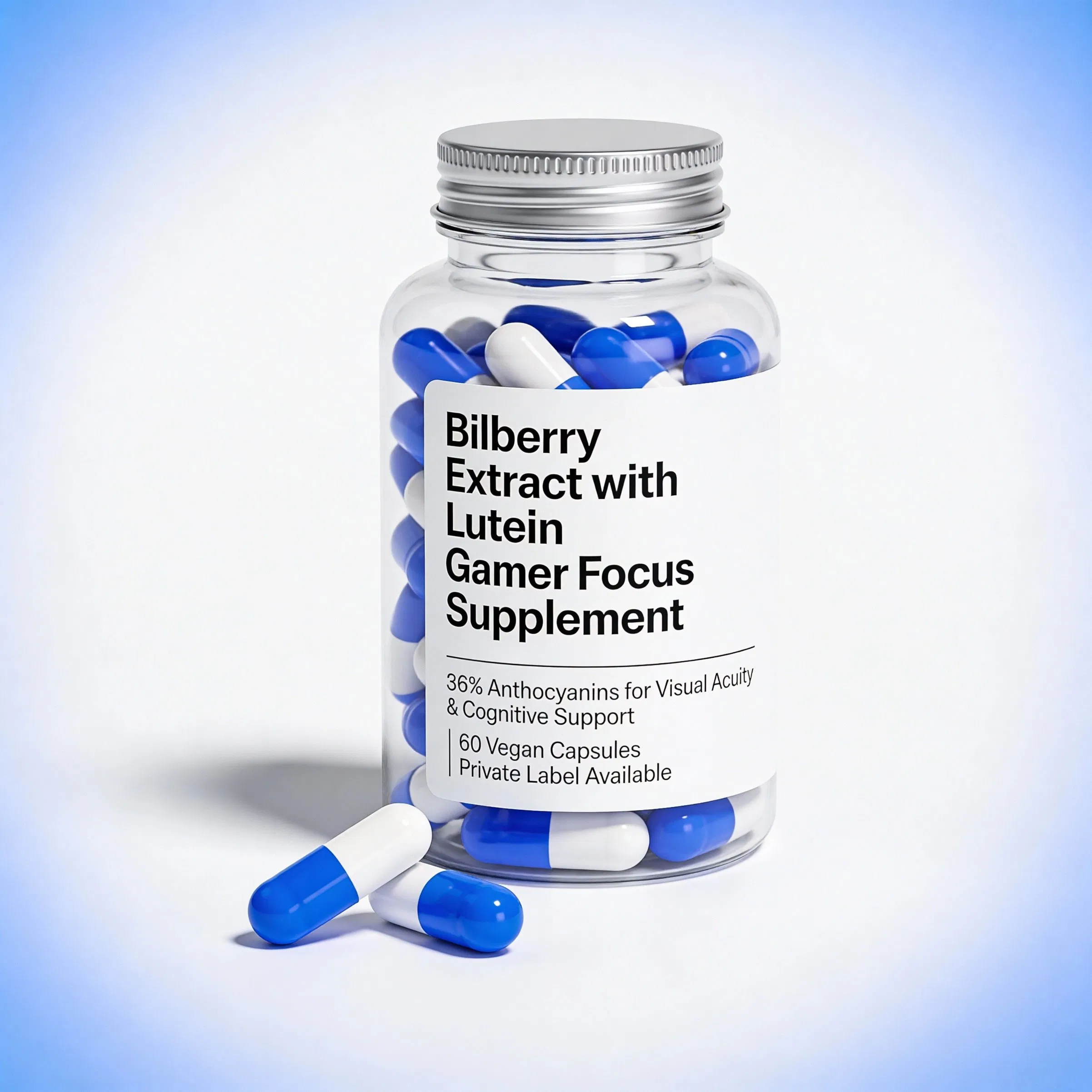 Bilberry Extract with Lutein Gamer Focus Supplement 36% Anthocyanins for Visual Acuity &amp; Cognitive Support 60 Vegan Capsules Private Label Available