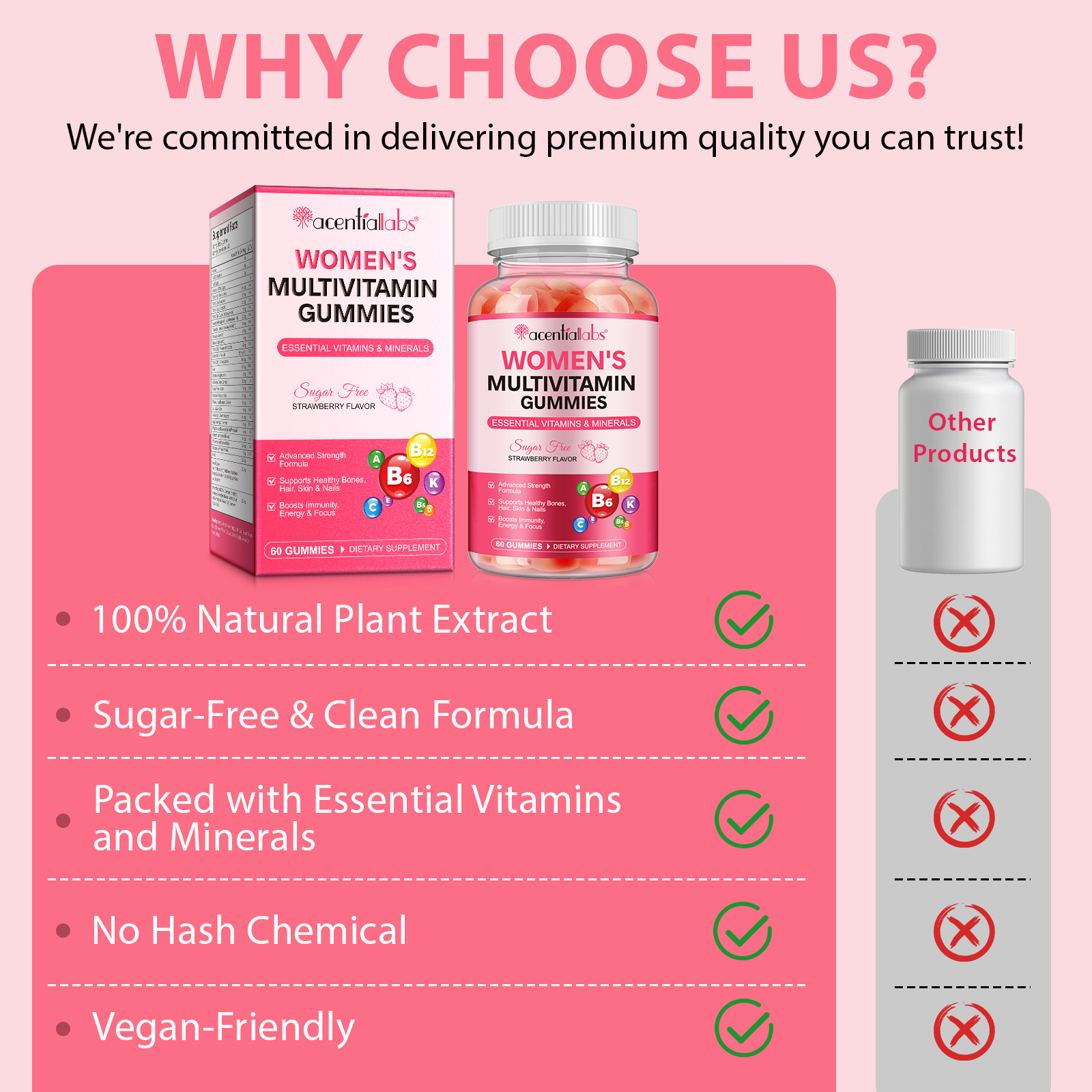 Acentiallabs Women's Multivitamin Gummies Vitamins A, D, C, E, Adult Chewable Vitamins Support Adult Multivitamin Gummies