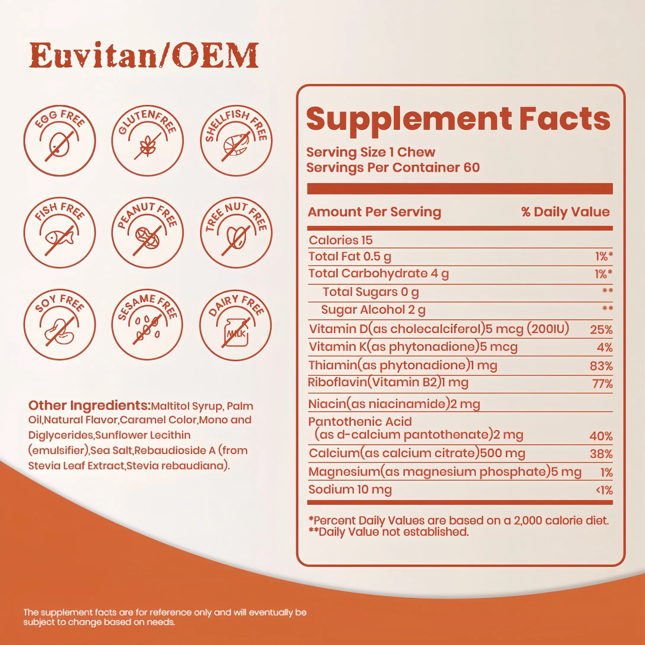 OEM Bariatric Calcium Citrate Vitamin Soft Chew Supplement Bone Joint Support 500mg 60 Count