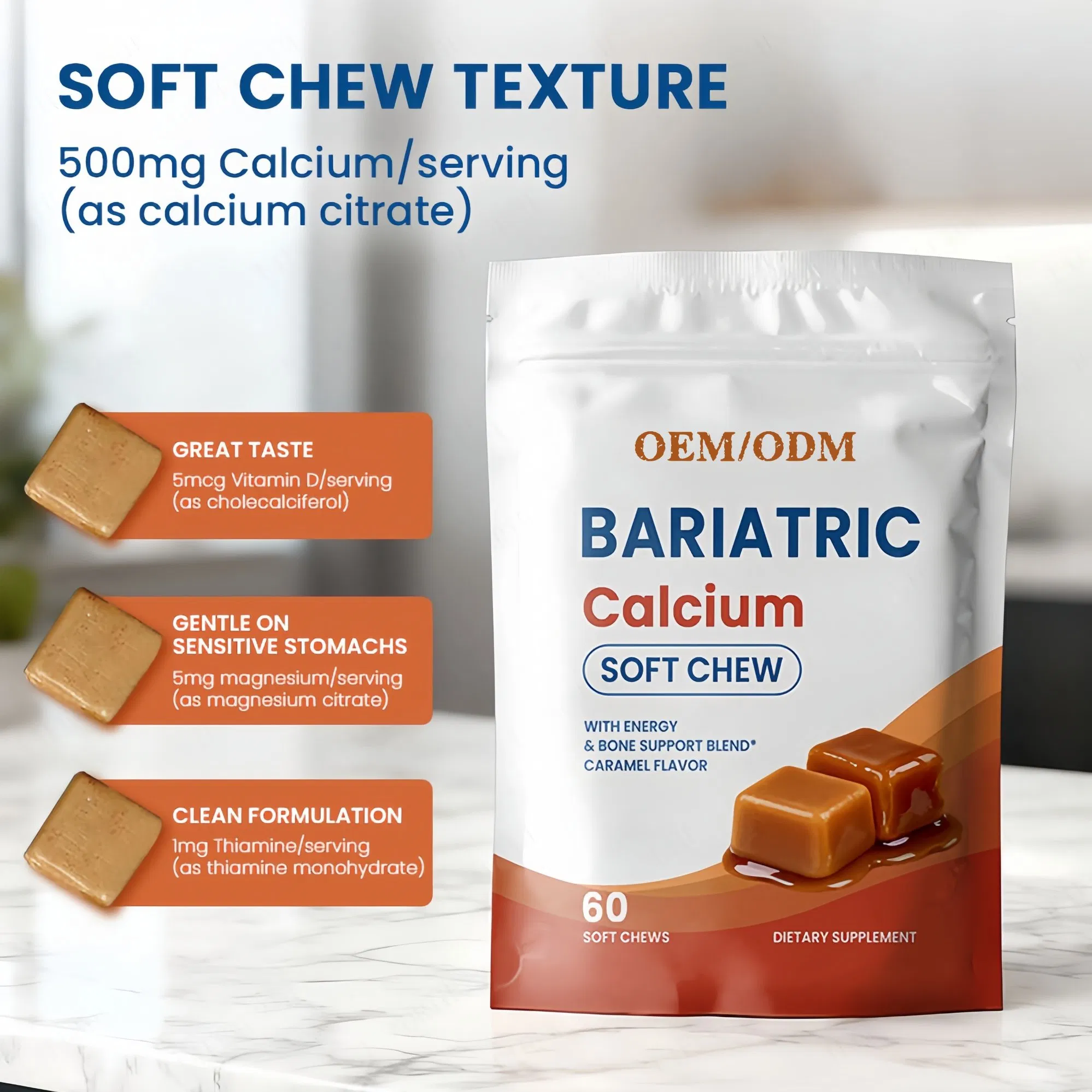OEM Bariatric Calcium Citrate Vitamin Soft Chew Supplement Bone Joint Support 500mg 60 Count