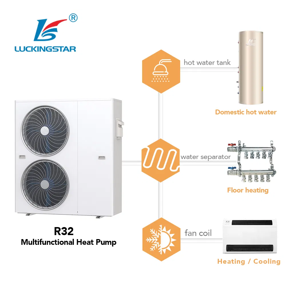 Europe Popular Stored Energy Saving R32 Multi-Function Heating and Cooling Air to Water Heat Pump for House