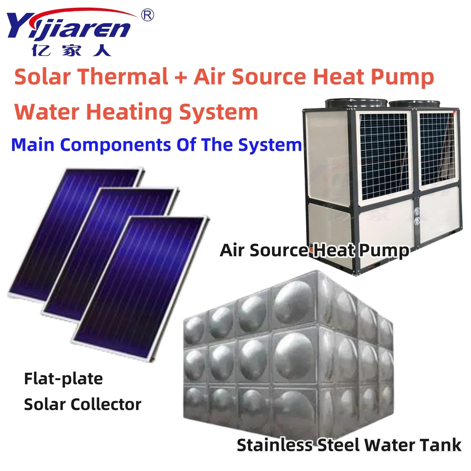 Installation Commercial Industrial Energy-Efficient R290 Air to Water Air Source Heat Pump with Flat Plate Solar Collector Water Heater