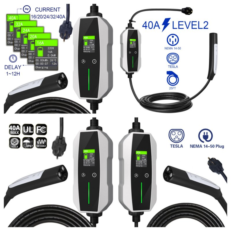 9.6kw Level2 Portable EV Charger 40A Adjustable Current Tesla Portable Charger