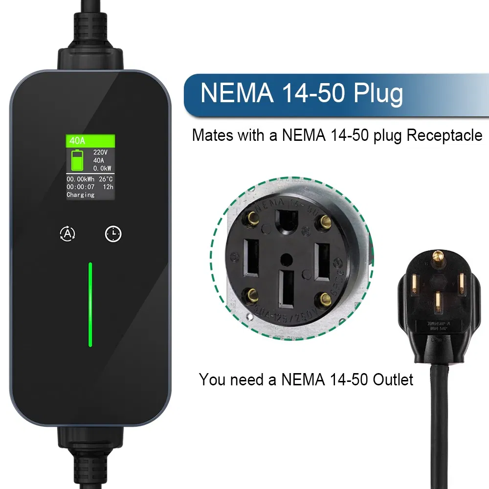 240V 9.6kw 40A Nacs Tesla Portable EV Charger Level 2 Charging
