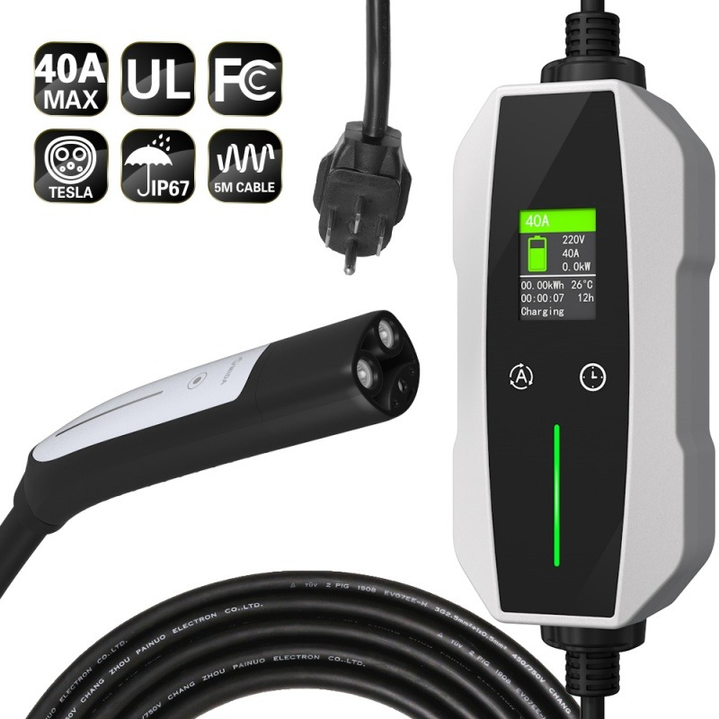 9.6kw Level2 Portable EV Charger 40A Adjustable Current Tesla Portable Charger