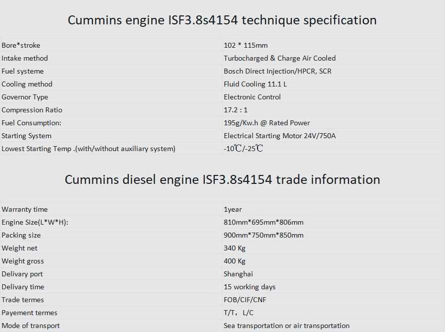 Isf3.8s4154 تجميع المحرك 4 محرك ديزل أسطواني 154HP للمركبة التجارية
