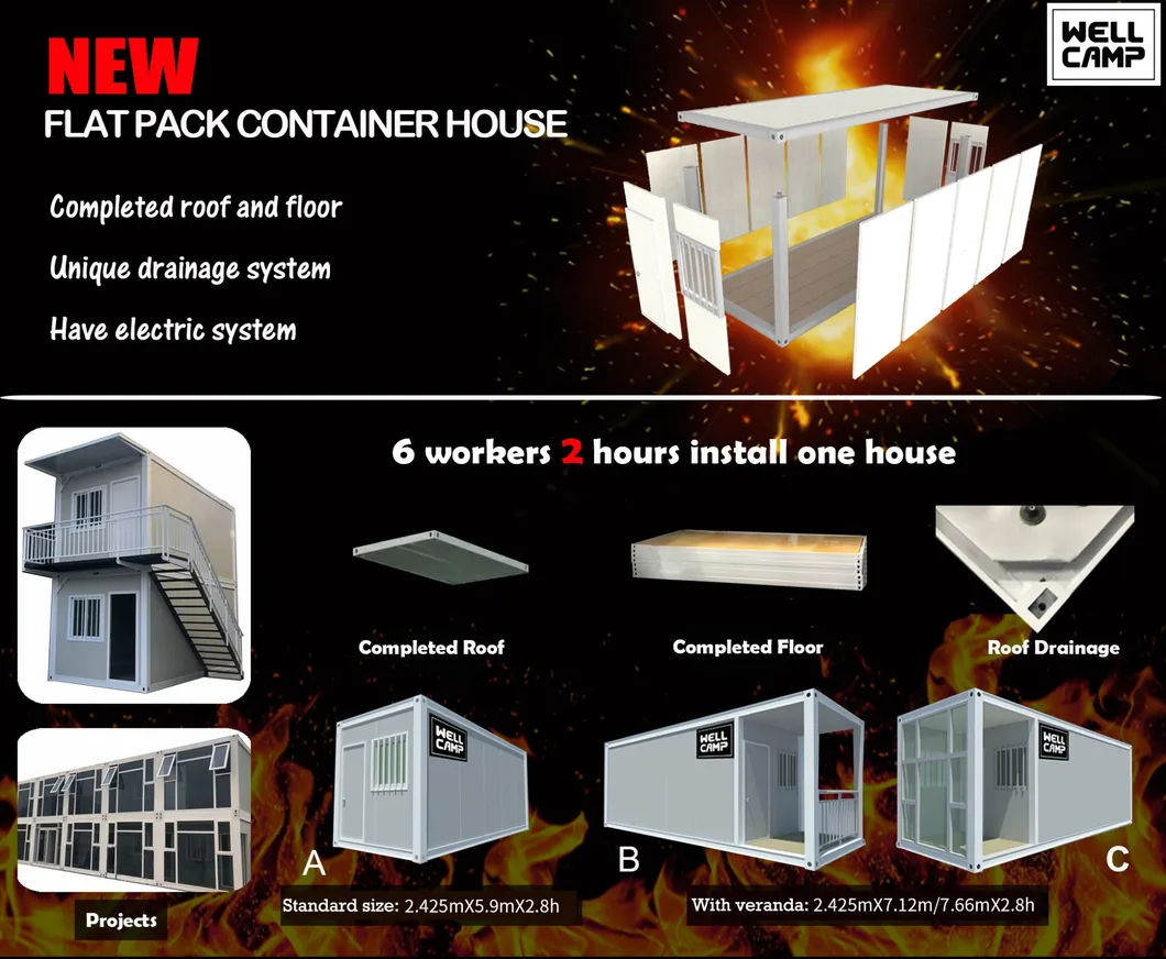 20FT Casa Container de Montagem Fácil, Acampamento Container, Casa Container de Pacote Plano, Dormitório, Alojamento para Trabalhadores de Escritório