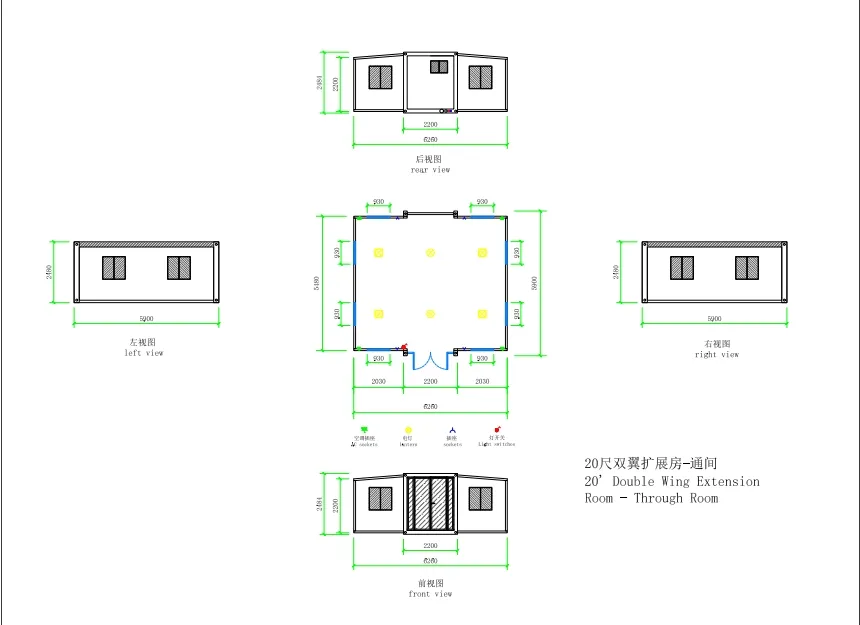 Desenhos e dimensões do alojamento modular