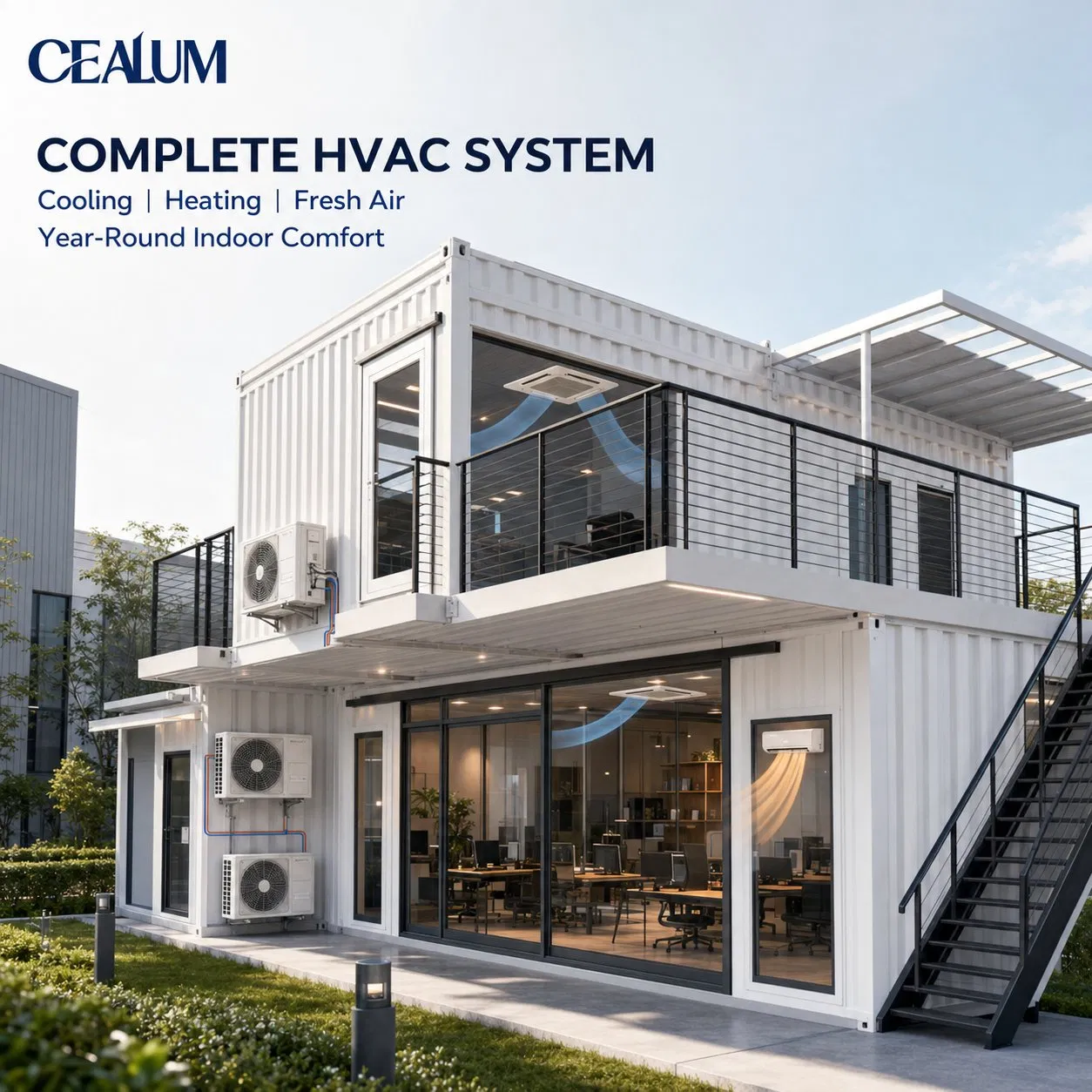 Edifício de Escritório Modular de Dois Andares Personalizado com Mobiliário, HVAC, Armazenamento de Energia Solar e Solução Comercial Prefabricada Turnkey