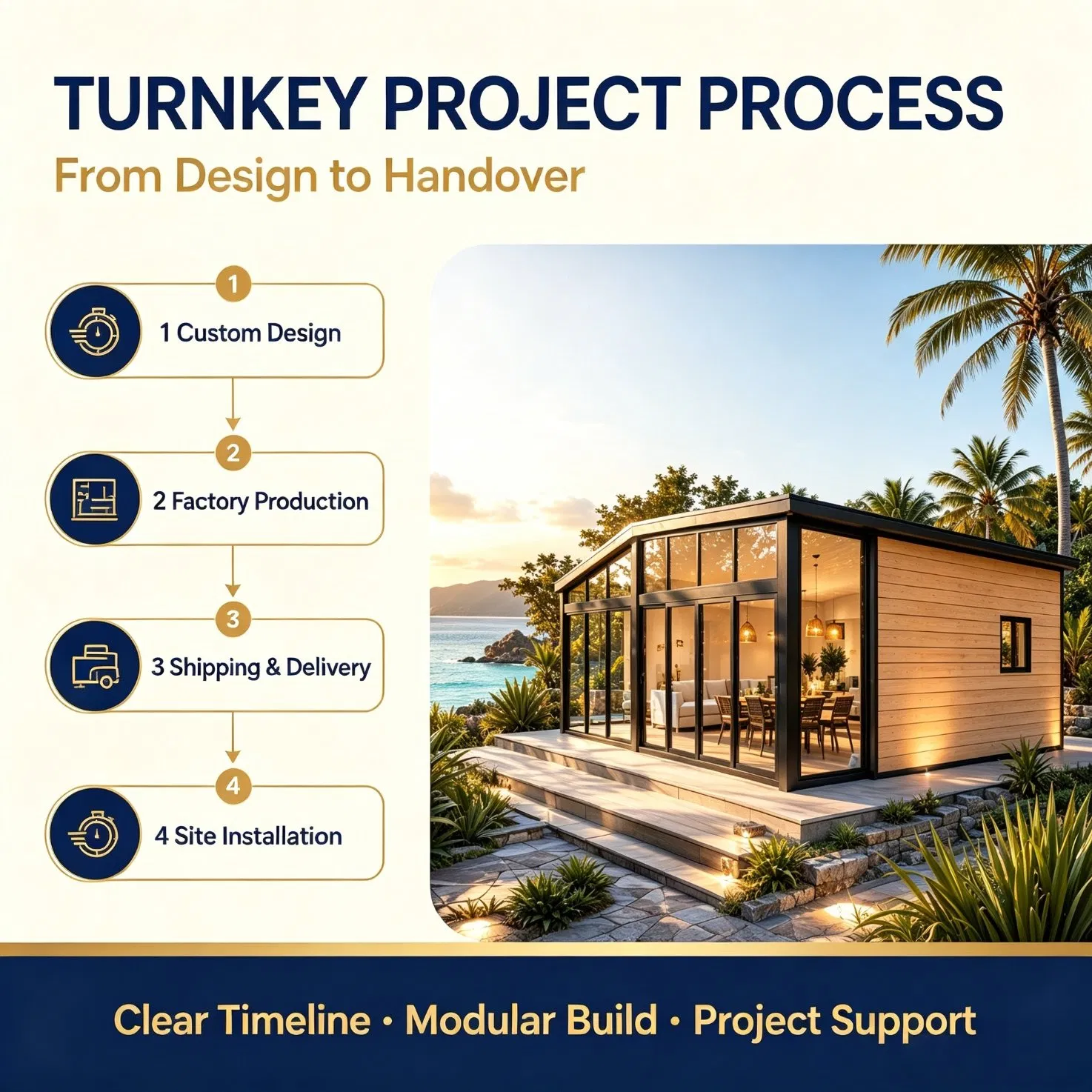 Fábrica Direta da China 99m² Edifício Prefabricado de Aço Leve, Layout Interior Personalizável, Serviço Turnkey Completo, Montagem Rápida no Local Vila Modular à Beira-Mar