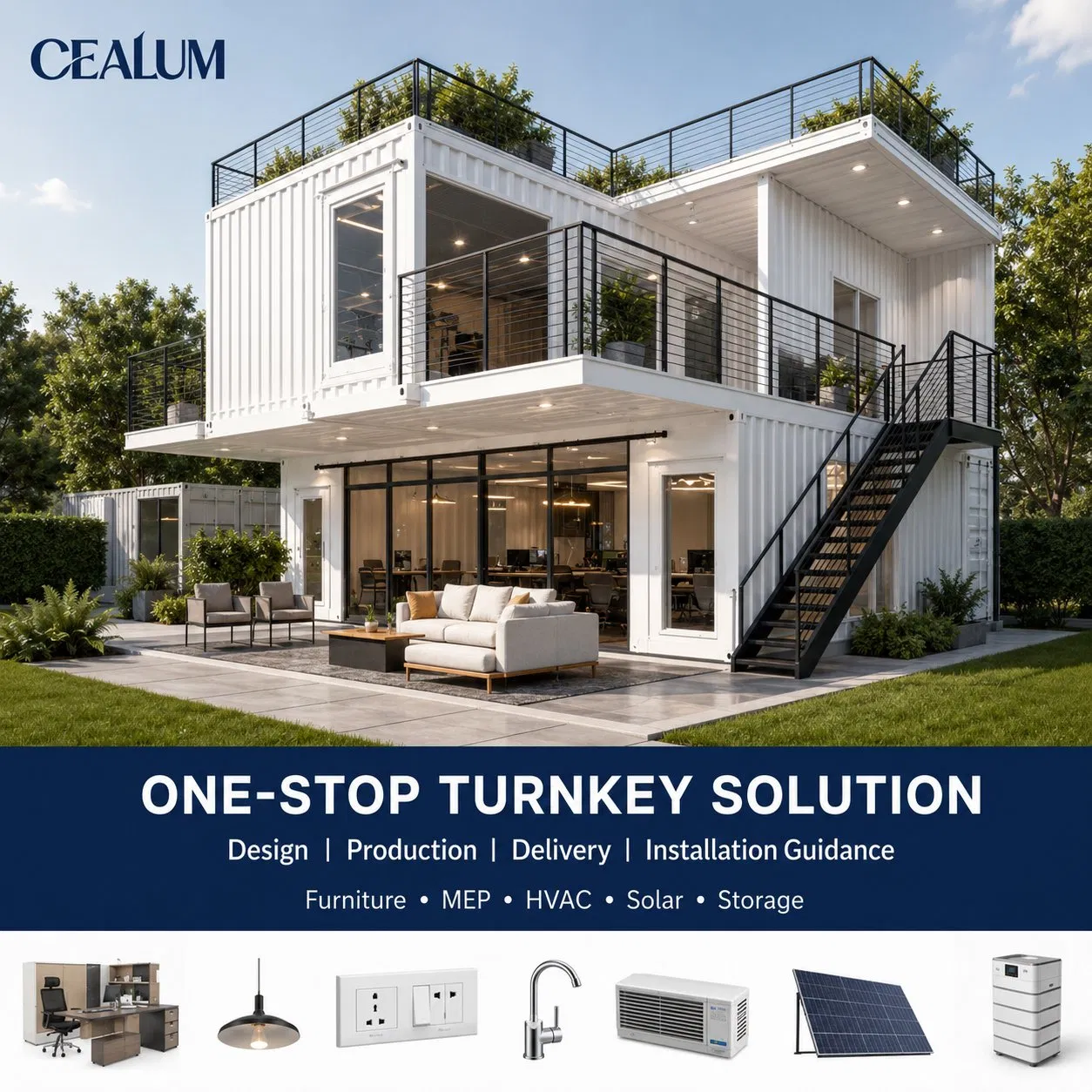 Edifício de Escritório Modular de Dois Andares Personalizado com Mobiliário, HVAC, Armazenamento de Energia Solar e Solução Comercial Prefabricada Turnkey