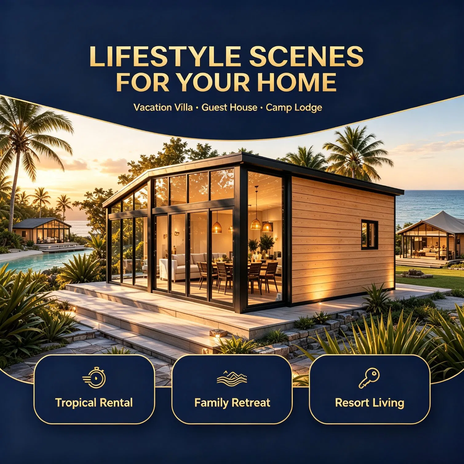 Fábrica Direta da China 99m² Edifício Prefabricado de Aço Leve, Layout Interior Personalizável, Serviço Turnkey Completo, Montagem Rápida no Local Vila Modular à Beira-Mar