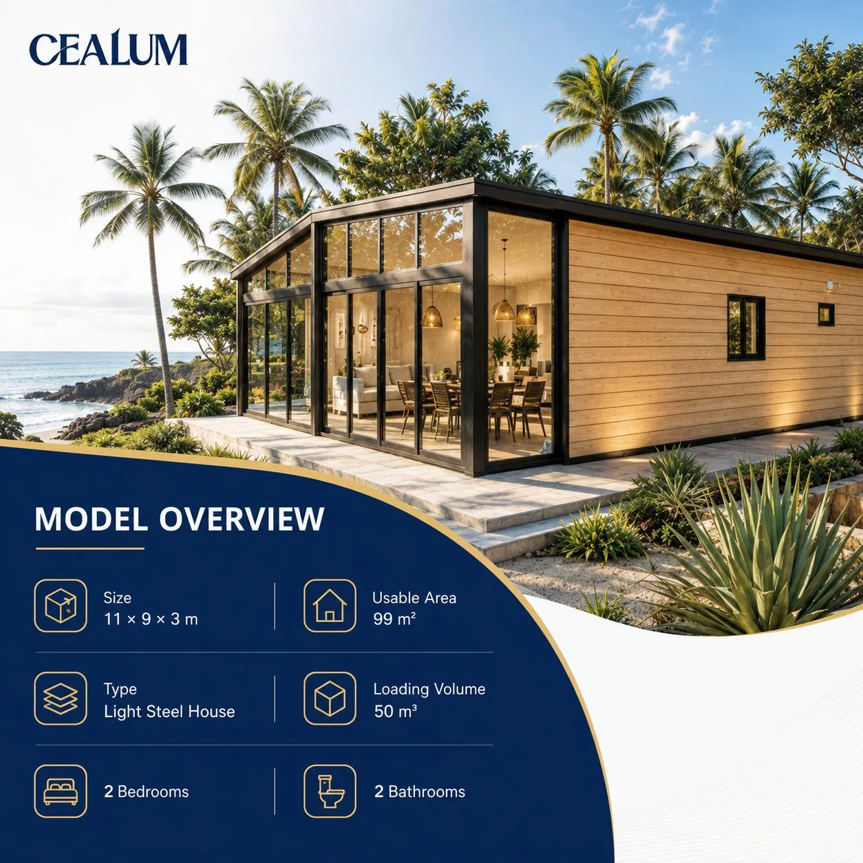 Casa Modular de Aço Leve Prefabricada Personalizada 99sqm Vila Prefabricada de Dois Quartos Turnkey para Projetos de Hotel Resort, Residencial e Comercial Fábrica Supp