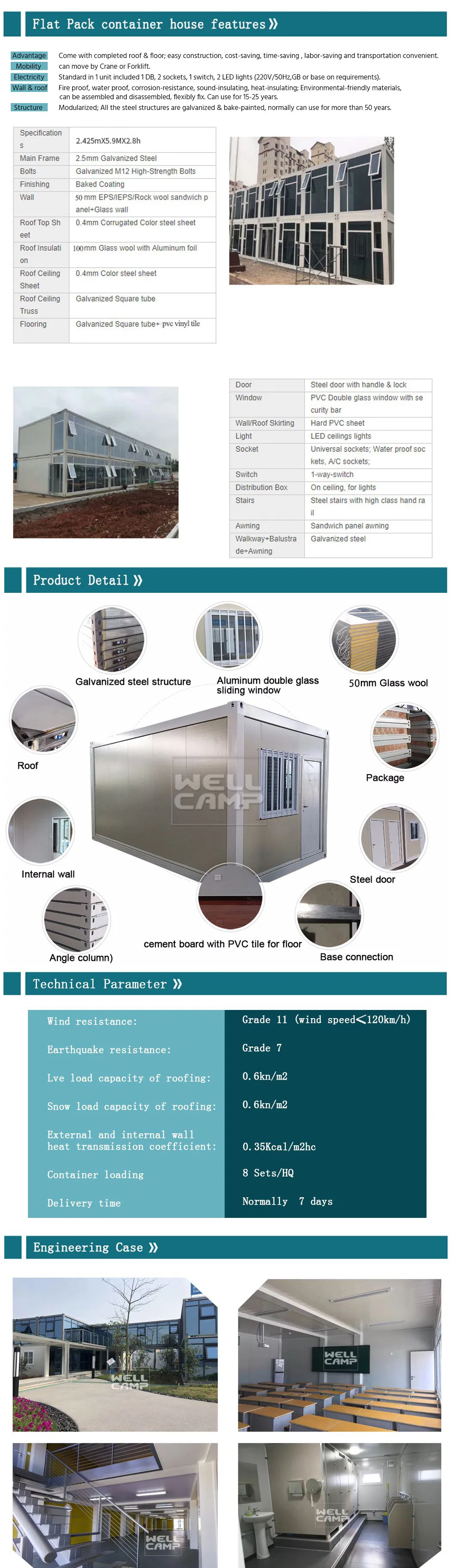 20FT Casa Container de Montagem Fácil, Acampamento Container, Casa Container de Pacote Plano, Dormitório, Alojamento para Trabalhadores de Escritório