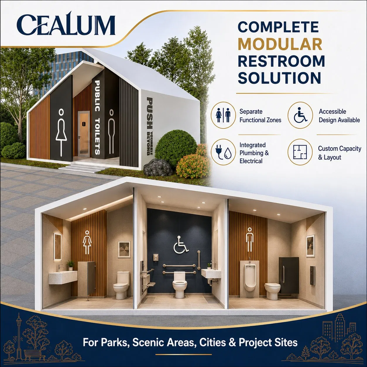 Banheiro Modular Público Inteligente Cealum Edifício Prefabricado com Coleta a Vácuo Opcional Tratamento Sem Água Gestão Inteligente para Parques e Áreas Urbanas