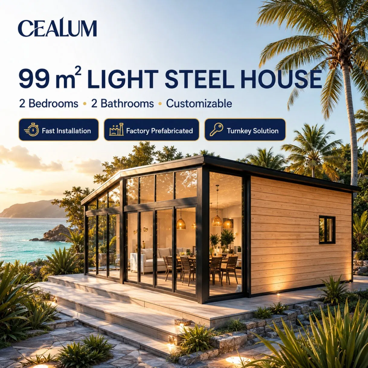 Casa Modular de Aço Leve Prefabricada Personalizada 99sqm Vila Prefabricada de Dois Quartos Turnkey para Projetos de Hotel Resort, Residencial e Comercial Fábrica Supp