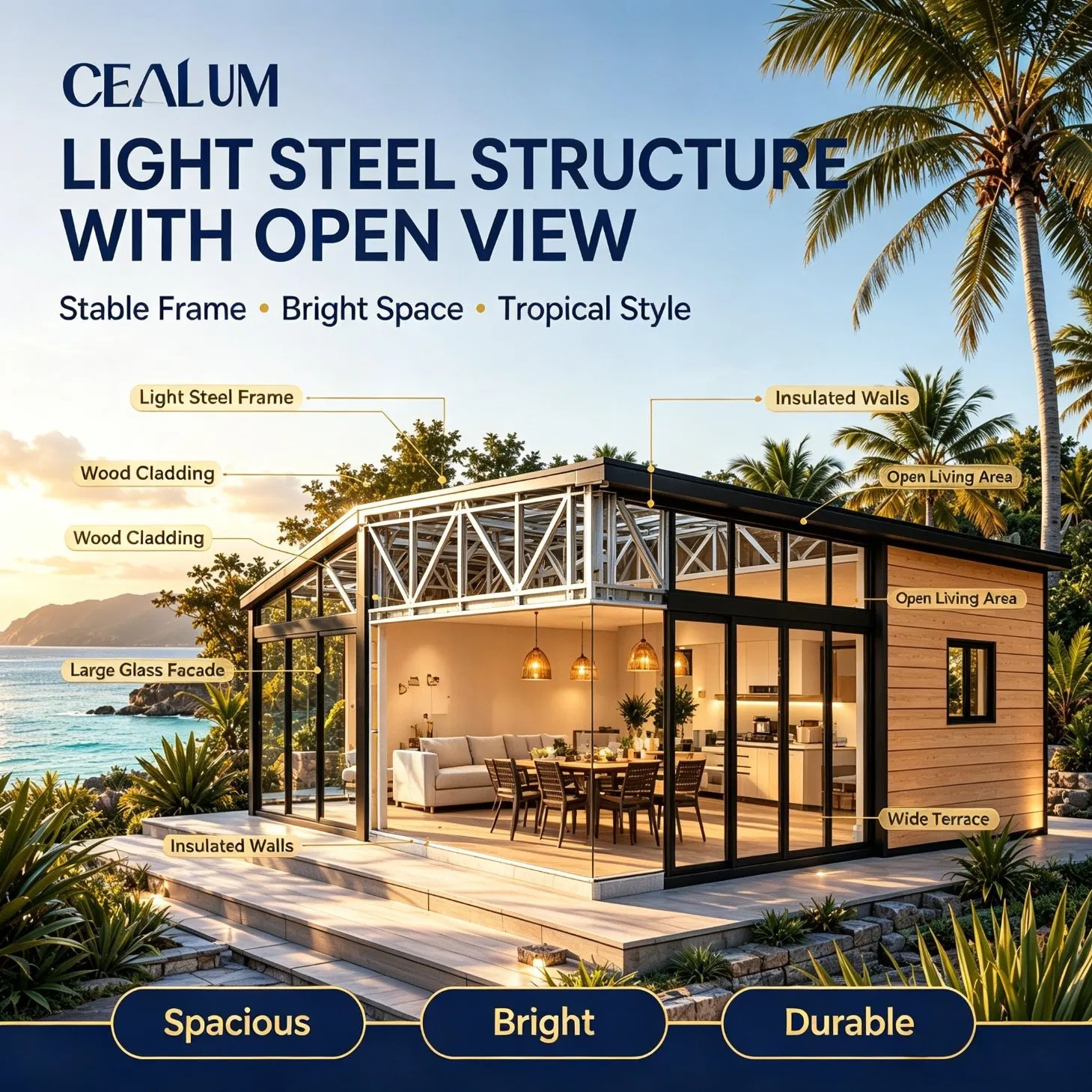 Fábrica Direta da China 99m² Edifício Prefabricado de Aço Leve, Layout Interior Personalizável, Serviço Turnkey Completo, Montagem Rápida no Local Vila Modular à Beira-Mar
