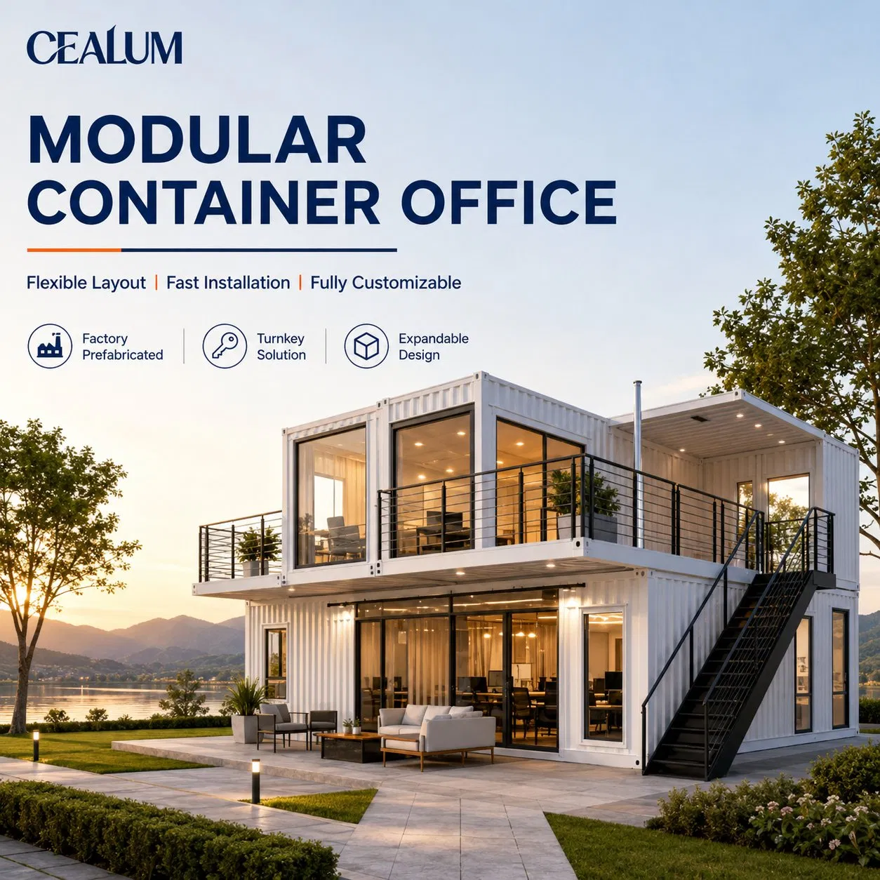 Edifício de Escritório Modular de Dois Andares Personalizado com Mobiliário, HVAC, Armazenamento de Energia Solar e Solução Comercial Prefabricada Turnkey