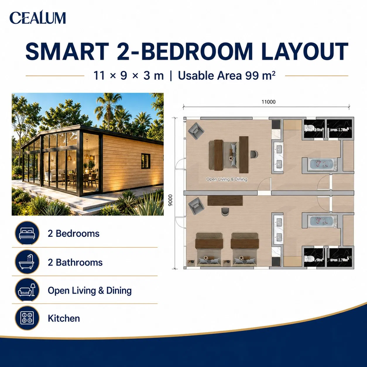 Casa Modular de Aço Leve Prefabricada Personalizada 99sqm Vila Prefabricada de Dois Quartos Turnkey para Projetos de Hotel Resort, Residencial e Comercial Fábrica Supp