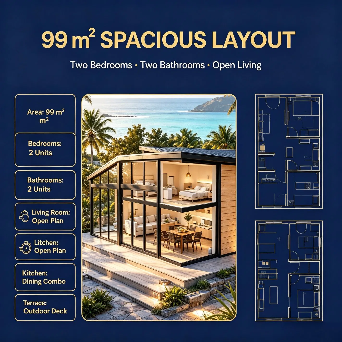 Fábrica Direta da China 99m² Edifício Prefabricado de Aço Leve, Layout Interior Personalizável, Serviço Turnkey Completo, Montagem Rápida no Local Vila Modular à Beira-Mar