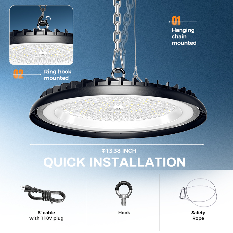 Iluminação Comercial Interna de Baía Luz LED UFO de Alta Baía com Corpo de Alumínio Brilhante 200W 5000K para Armazém Fábrica Garagem Teto