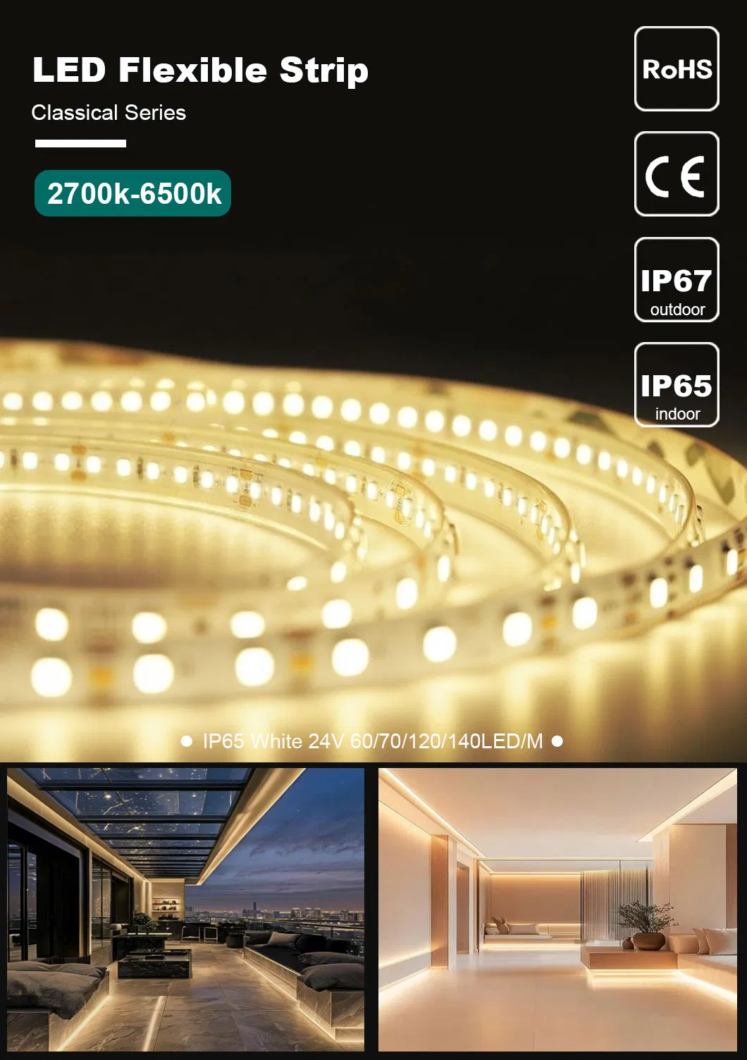 Tira de LED de alta CRI >90 24V SMD2835 Luz de tira de LED IP65 Fita de LED flexível Fita de LED flexível para iluminação arquitetônica