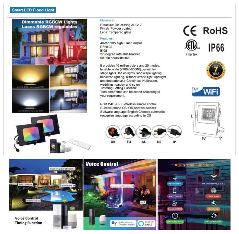 Luminária de Inundação LED RGB à Prova d'Água para Fábrica de Projetores Atacado 10W 40W 60W 80W 100W 150W 200W RGBW CCT WiFi Bluetooth Mesh Controle Remoto IR RF