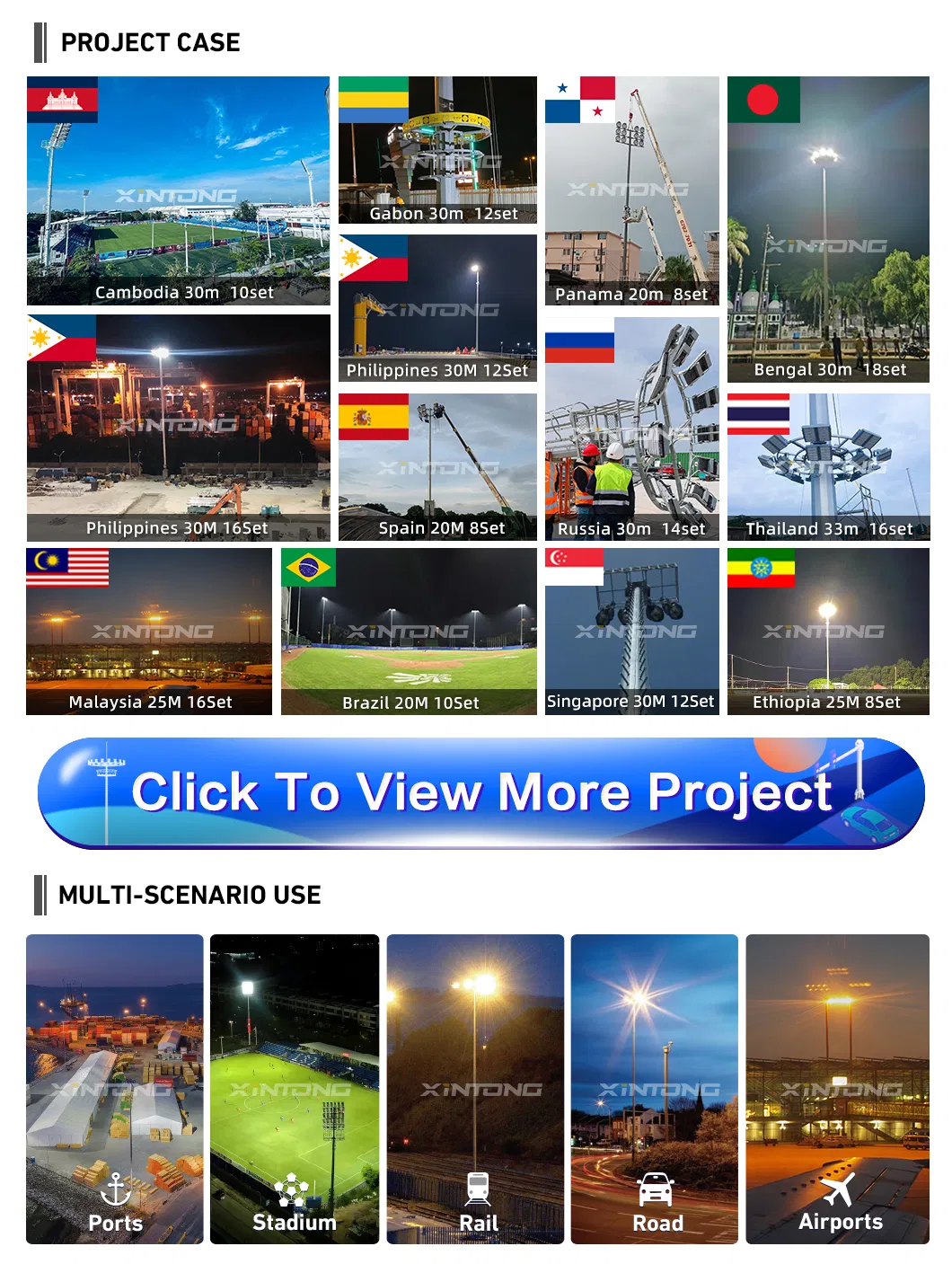 1200W 300W 400W Poste de Iluminação de Alta Mastagem LED de Túnel à Prova d'Água Galvanizado Octogonal para Exterior