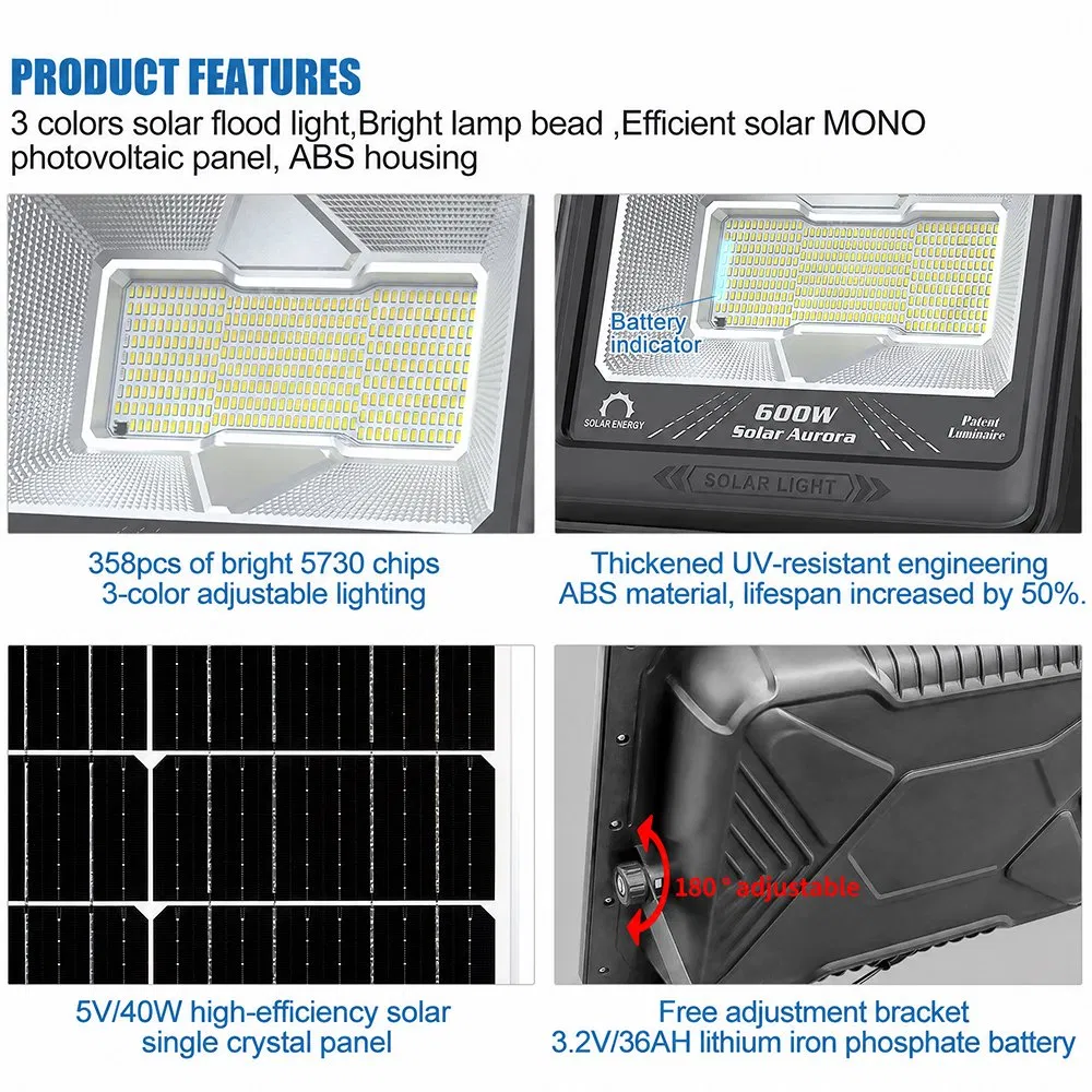 Iluminação Externa Luz de Inundação Solar 100W 200W 300W 400W 600W Economia de Energia com Instalação Fácil Lâmpada de Inundação LED Solar