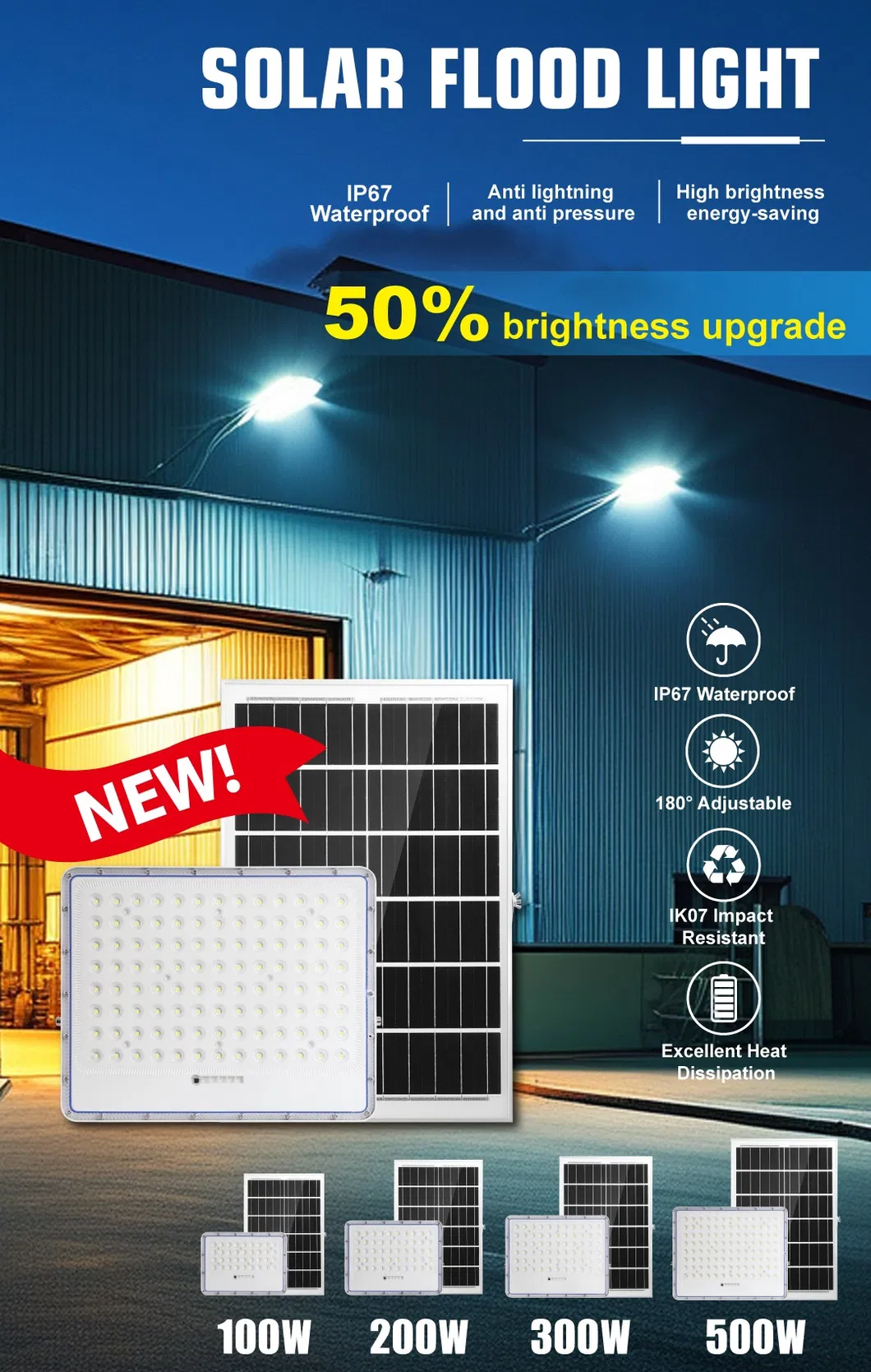Alumínio 300W IP67 Luminária Solar de Inundação LED de Alto Lúmen para Jardim de Rua ao Ar Livre com Controle Remoto Inteligente