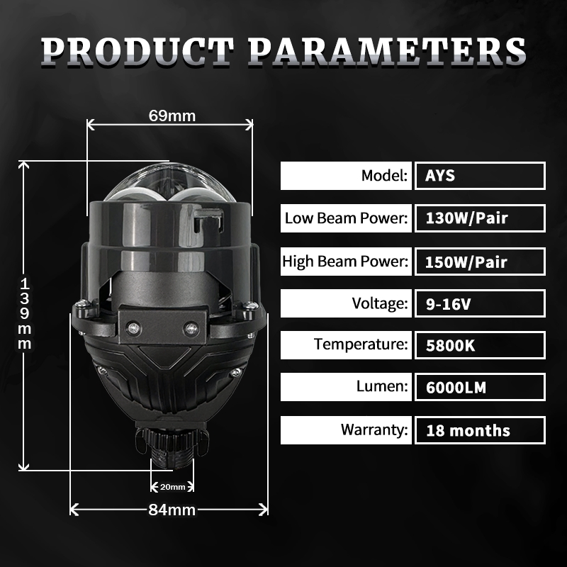 Farol LED de Alta Lumens 2.5 Polegada 150W Luz Laser Dual Super Rejeição de Calor Lente Projetora Bi LED