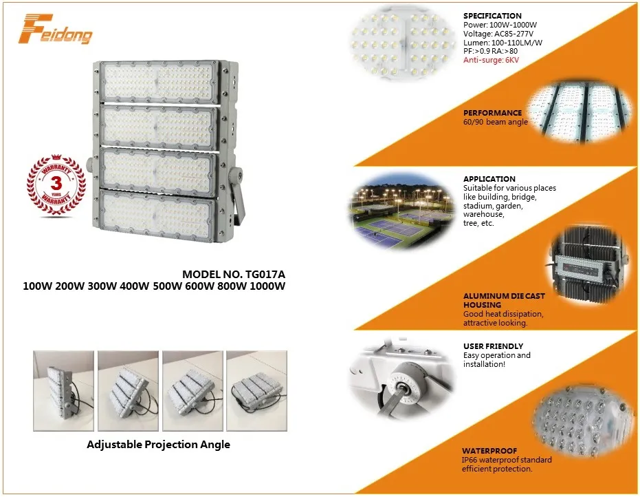 3 Anos de Garantia Tipo de Módulo Impermeável IP66 Aplicação Externa Iluminação de Projetos Campo Esportivo 500W Lâmpada LED de Inundação 500W Luz Lâmpada LED de Inundação