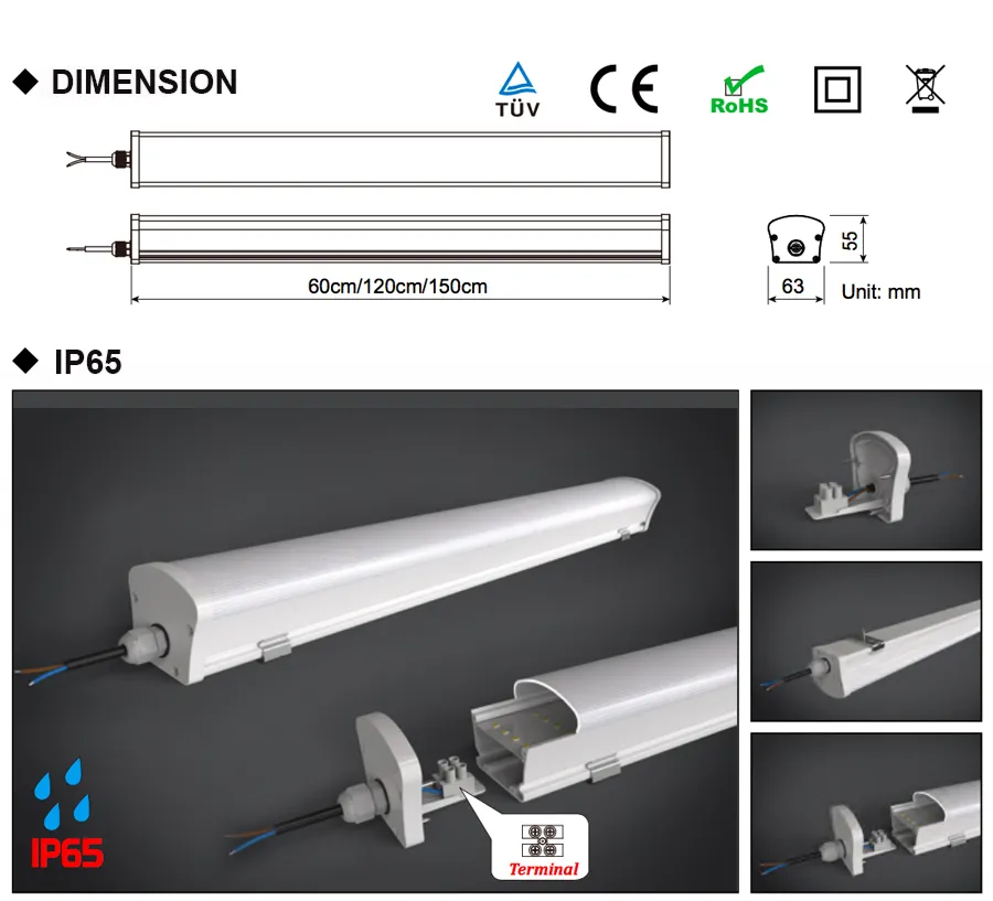 36W Iluminação à Prova d'Água Tubo LED de Alta Potência Luz Tri-Proof para Fábricas