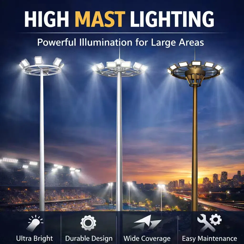 18m 22m 28m Iluminação LED Profissional de Alto Mastro com Sistema de Elevação e Baixamento
