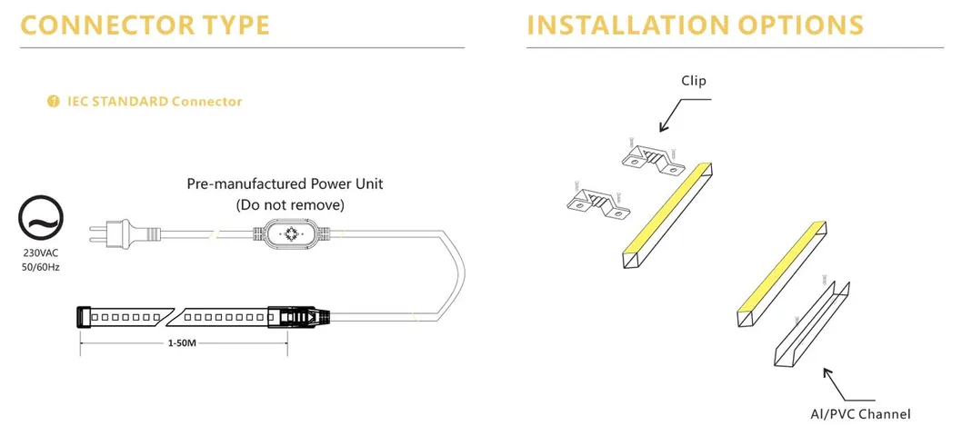 Tipo de conector e Opções de instalação