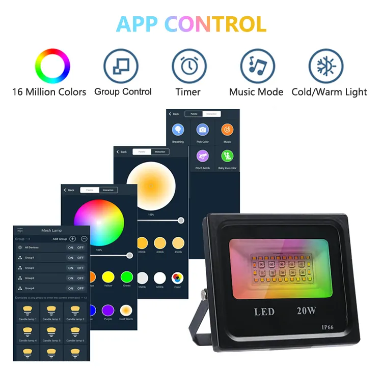 Refletor LED RGB Inteligente à Prova d'Água para Exterior com Suporte para APP Tuya e Controle por Voz 20W 50W 100W Luz de Inundação 220V com Tuya