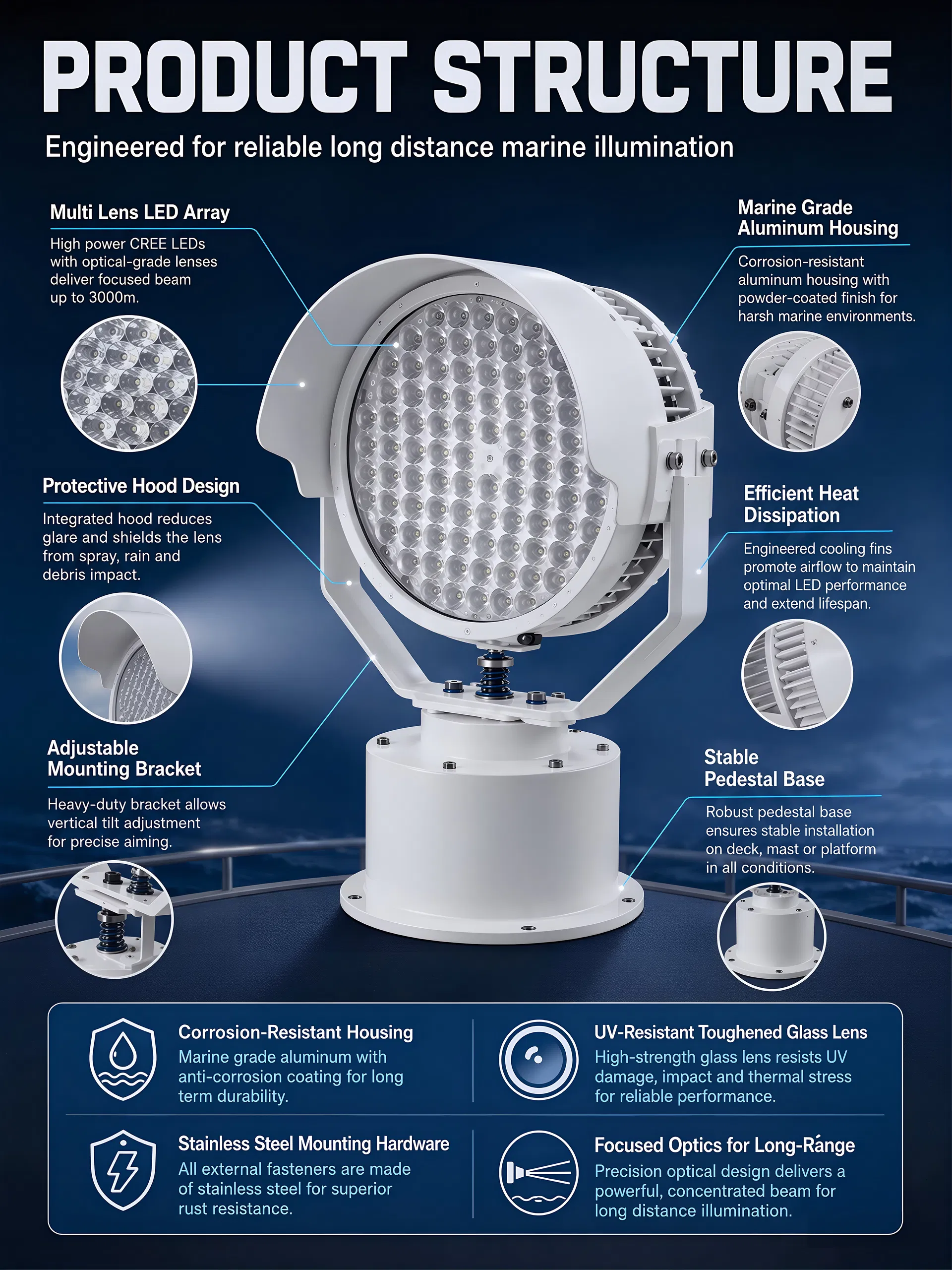 Lanterna de Busca LED Marinha Spot IP68 Ik10 Chip CREE 3000m Alcance 360° Rotação Resistente a Spray Salino Luz de Navio para Convés de Navio Iluminação de Alvo Preciso